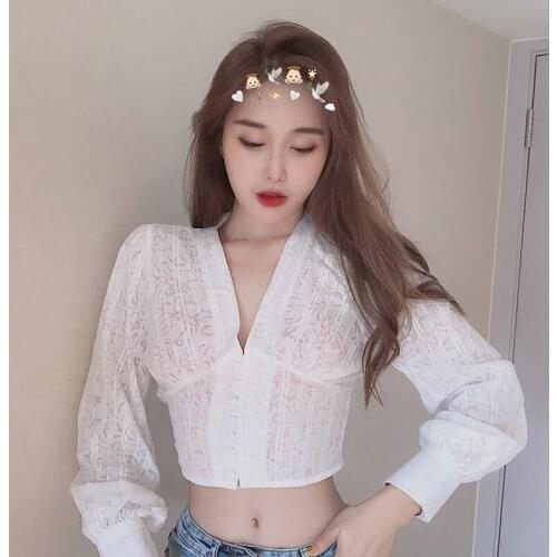 Ins Summer Womens Clothing White Low-cut Blouses V-neck Sexy Crop Top Shirts Long Sleeve Ladies Tops Fashion Blusa Feminina