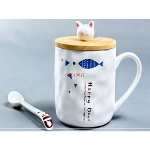 Ceramic Cup Japanese Zakka Creative Cat and Fish Cartoon Cup with Cover Spoon Breakfast Milk Cup Mug