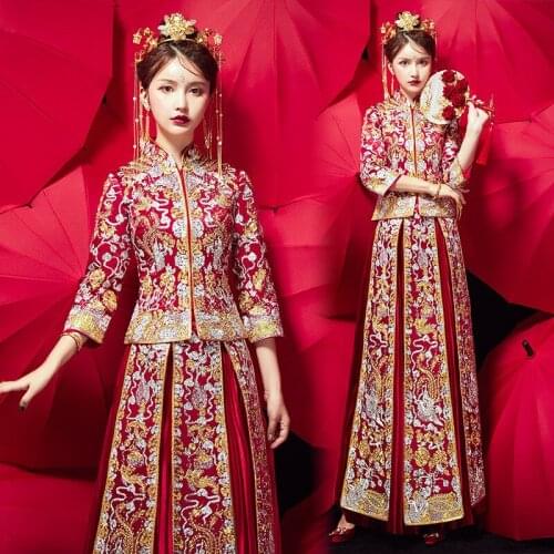 Chinese Traditional Wedding Dress Red Embroidery Oriental Style Dresses Long Cheongsam China Clothing Store Vestido Chino