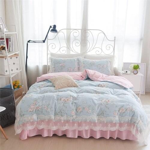Korean pastoral flower print bedding set princess ruffle lace douvet cover elegant striped bedding wrinkle bedspread