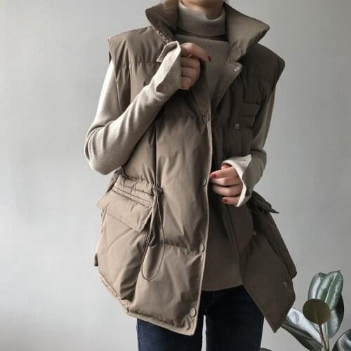 Fitaylor Winter Stand Collar Down Vest Jacket White Duck Down Warm Sleeveless Coat Big Pocket Loose Outwear Retractable Waist