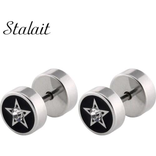Cute Small Black Star Zircon Rhinestones Screw Stainless Steel Titanium Barbell Stud Earrings For Women Girls Kids Jewelry