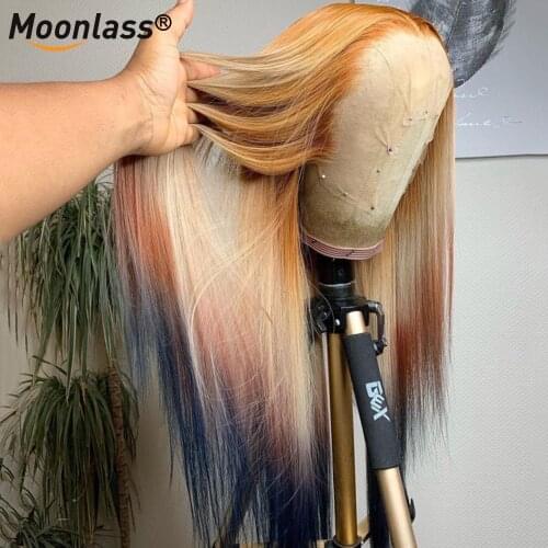 Moonlass Blonde Highlight Human Hair Lace Front Wigs Brazilian Straight Remy Hair With 13x4 Transparent Hair Closure Wigs
