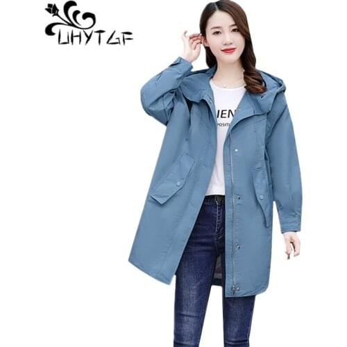 UHYTGF Oversized trench coat for women fashion hooded casual spring autumn coat female Korean casual short windbreaker women1239