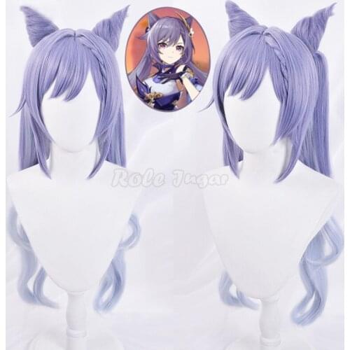Cosplay Game Genshin Impact Keqing Wigs Women Girls Ponytails Mixed Purple Cosplay Wig with Ears Halloween Synthetic Hair C66M49