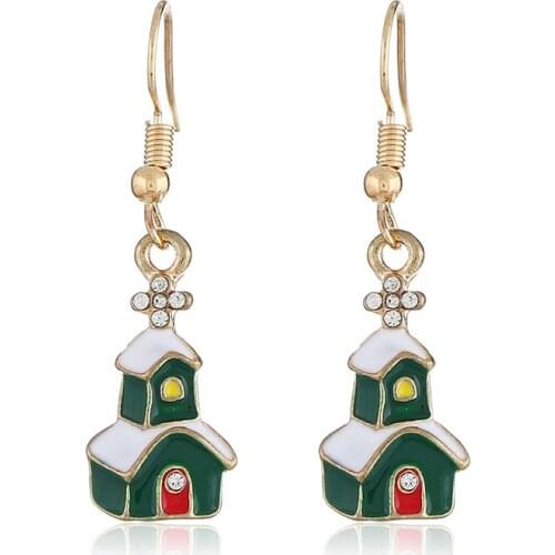 Green Castle White Snow Winter Christmas Drop Earring For Women Girl Creative Cute Sweet Womens Earrings Jewelry Gift Party