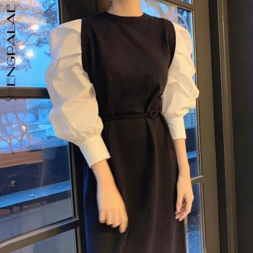 SHENGPALAE Fashion Womens Autumn 2021 New Round Neck Loose Spliced Fake Two Pieces Puff Sleeve Knitted Mid-calf Dresses 5E3263