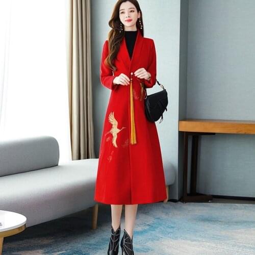 Chinese National Style Woolen Coat Women 2020 Autumn Winter Red Embaoridery Tassels New Year Long Ao Dai Vietnam Clothing 11892