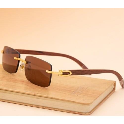 2021 Fashion Sunglasses Men Small Frameless Original Wooden Leg Catapult Sun Glasses Uv400 Optical Frame With Spring Luxury