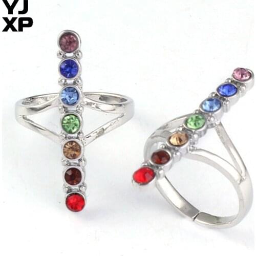 YJXP Silver Plated Elegant Style 7 Chakra Rhinestone Spiritual Healing Beads Resizable Rings Gift Women Charms Amulet Jewelry