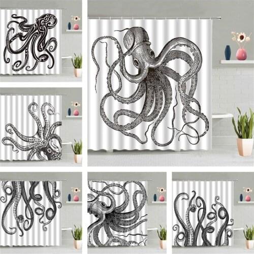 Black White Octopus Shower Curtain Ocean Animal Tentacle Bathroom Waterproof Wall Hanging Curtains Accessories Screen Home Decor