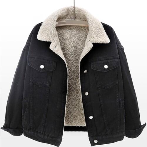 Womens Autumn Winter Long Sleeve Loose Fleece Lining Thicken Denim Jacket Female High Waist Plus Size Winter Outwear TB216