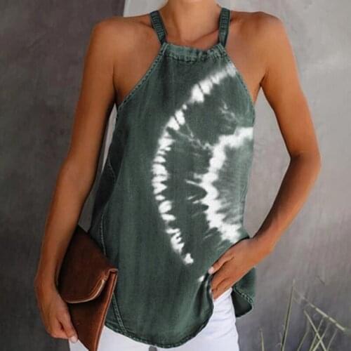 Womens Sexy Tshirt Tie-dye Straps Sleeveless Halter Neck Tank Tops Summer Blouse Tees Lady Blusa Feminina Tops