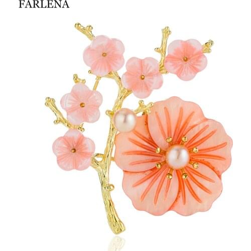 FARLENA Jewelry Exclusive Design Beautiful Shell Plum Brooch Pins for Women Elegant Freshwater Pearl Brooches