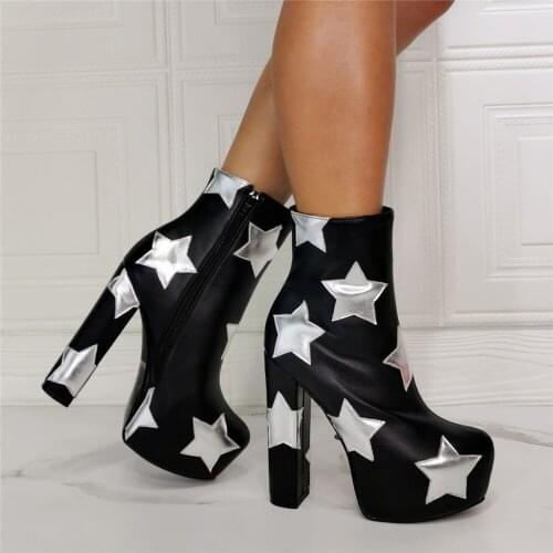 US4-11 Womens Platform Ankle Boots Star Decor Mixed Colors Block High Heel Genuine Leather Shoes Black Rome Plus Size 819