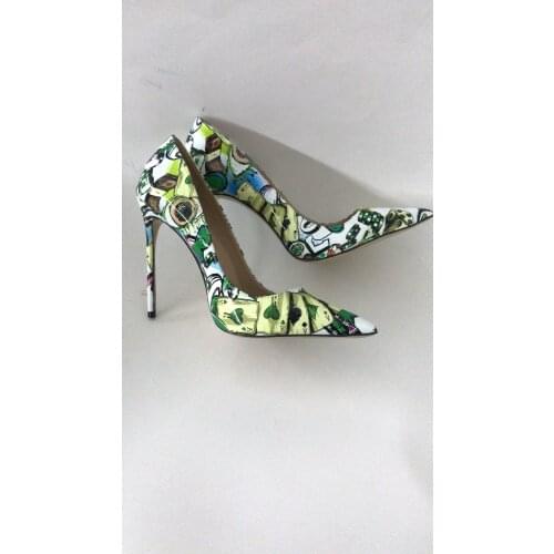 Women Shoes Stiletto 12cm/10cm/8cm High Heels Women Pumps Green Printing Leather Pointed Toe Ladies Party Wedding Woman Shoes