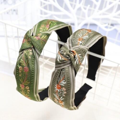 Lystrfac Embroidery Knotted Headband Women Cross Flower Hairband Girls Hair Hoop Retro Female Ladies Hair Accessories