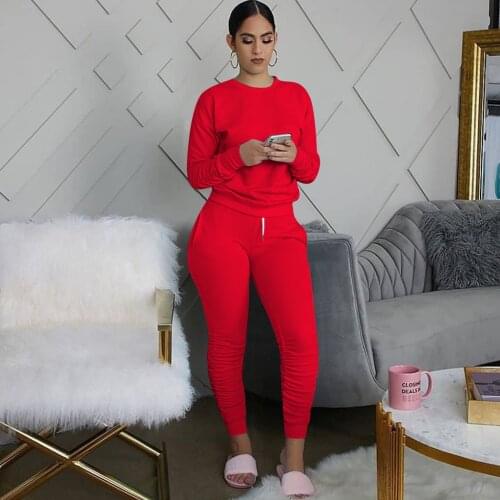 Fashion Women 2 Pieces Set Tracksuits 2020 Long Sleeve Solid Color Pullover T-shirt High Waist Lace-up Long Pant Outfits