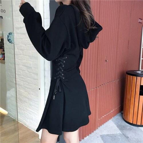 Spring 2020 Hooded Dress Women Lace Up Waist Slim Black Gothic Dress Female Short Mini Harajuku Streetwear Vestidos