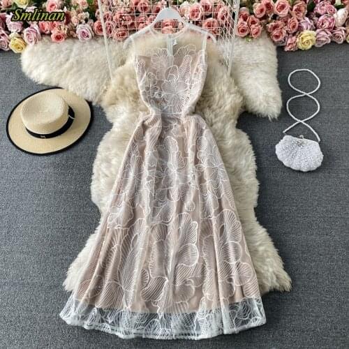 Smlinan Summer Women Lace Floral Maxi Dress Sleeveless O Neck Slim Tank Dress Vestidos Mujer Sexy Elegant Evening Party Dresses