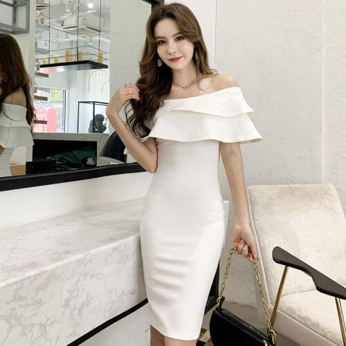 2020 Summer Bodycon Office Sheath Dresses Women Ruffle Slash Neck Elegant Dresses Vestidos Vintage Bandage Sexy Party Dress