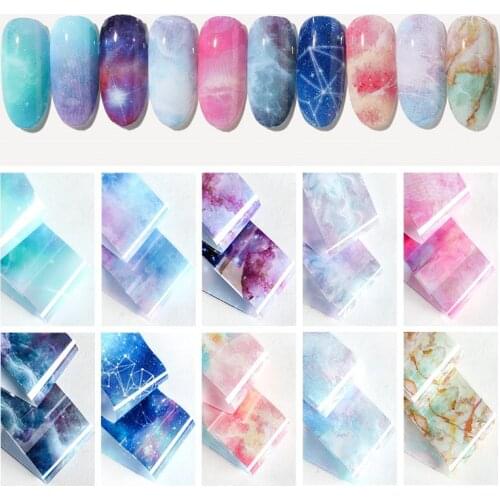 10pcs 4*20cm Galaxy Starry Sky Nail Foil Water Marble Effect Transfer Sticker Foil Paper Nail Decorations Manicure Tool