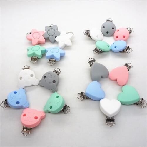 Chenkai 10PCS Silicone Round Heart Star Bear Teether Clips DIY Baby Pacifier Dummy Teething Chain Holder Soother Toy Clips