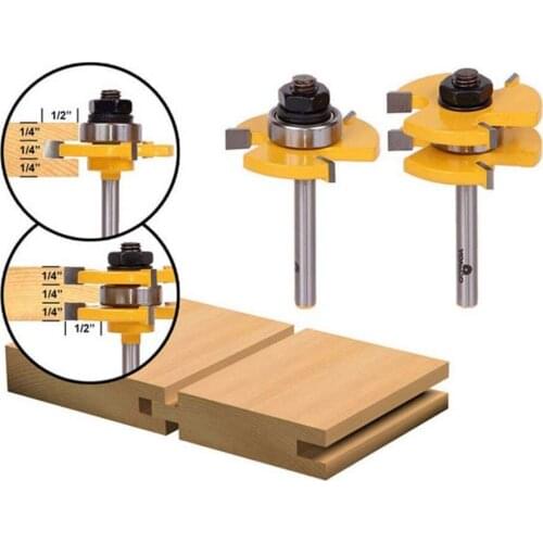 2PCS 1/4" Shank Tongue and Groove Router Bit 3 Teeth T-type Woodworking Tenon Milling Cutter Drilling Milling Carving Set