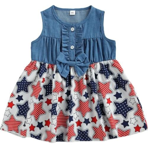 Kids Independence Day Dress Ice Cream/Star Print Splicing O-Neck Sleeveless Bow Dress for Girls 1-6 Years