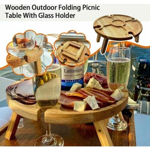 Hot Sale Outdoor Wooden Folding Picnic Table With Glass Holder 2 In 1 Wine Glass Rack Hiking Camping Garden Round Desktop