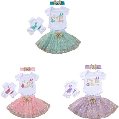 Citgeett Summer Newborn Baby Girls Easter 4-piece Outfit Set Short Sleeve Romper+Tutu Skirt+Headband+Leg Warmers Set Clothes