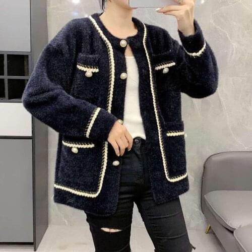 Black Imitation Mink Fleece Jacket For Women Elegant Pearl buttons Vintage Long Sleeve Coat Female Fashion Korean Chic Outerwear