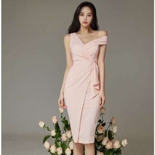 Summer Dresses Bandage Bodycon Pink Ruffles Sleeveless Womens Dress Evening Vintage Elegant Korean Clothes Sexy Party Sundress