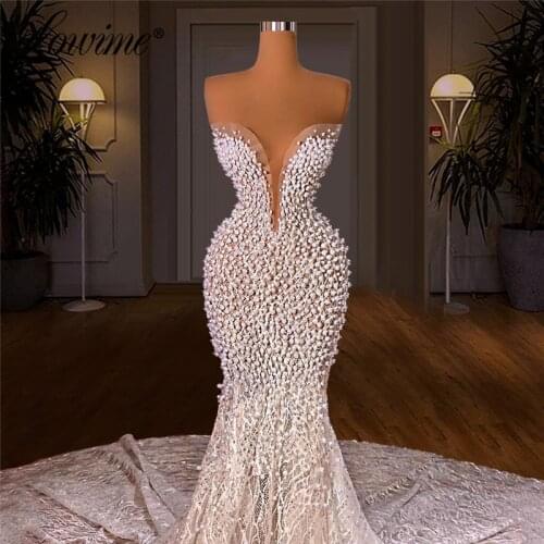 Lowime Plus Size Pearls Evening Dresses Gowns 2021 Saudi Arabia Long Prom Dress Robes De Soiree Party Night Gowns For Weddings