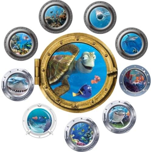 Cute cartoon coral fish turtle sea world animals 3D window submarine home decor wall sticker for washroom living room decal xmas