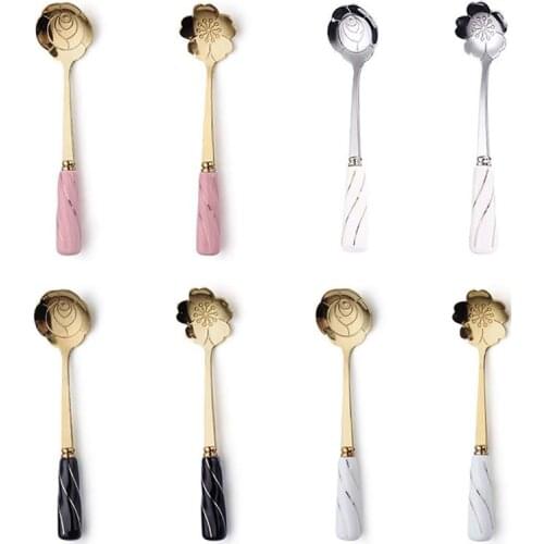 Fashion Coffee Scoops Stainless Steel Dessert Ice Cream Spoon With Ceramic Handle Creative Flower Shaped Milk Tea Stirring Spoon