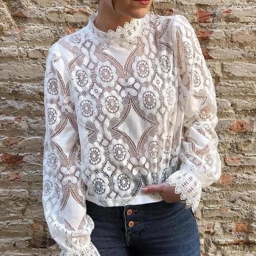 Fashion Women Sexy See-Through Lace Hollow Long Sleeve Stand Collar Blouse Top