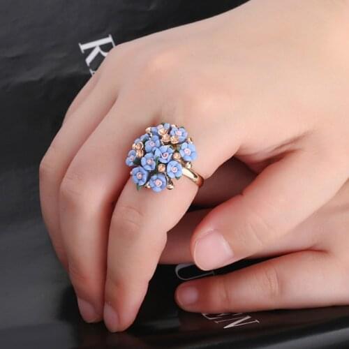 Fashion Pink Flower Crystal Rhinestone Adjustable Wedding Rings for Women Girls Cute Jewelry