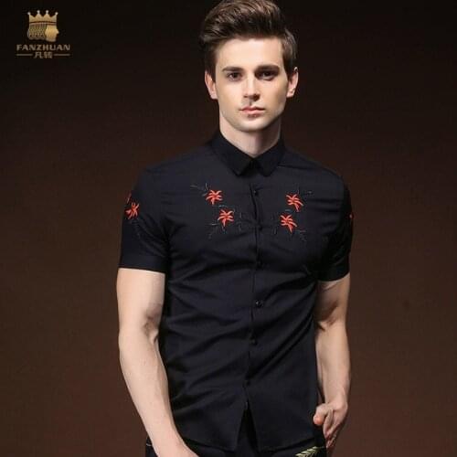 FANZHUAN Free Shipping New 2018 male Mens clothing man summer Original Design black slim Short Sleeved Embroidery Shirt 822013