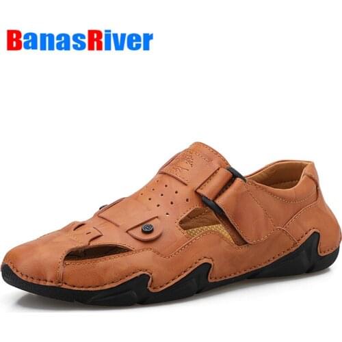 Mens Sandals Leather 2021 Summer Casual Fashion Dual-Use Soft-Soled Non-Slip Middle-Aged Dad Beach Shoes Handmade Breathable