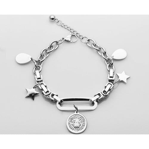 Stainless Steel Coin Tag Jesus Pendant Bracelet Christian Catholic Charm Star Chain Bead Bracelet for Women Religious Jewelry