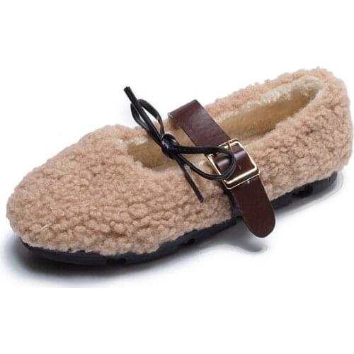 Autumn new Korean version of the curl buckle lace-up flat shoes fashion warm and comfortable Lok Fu shoes furry womens shoes