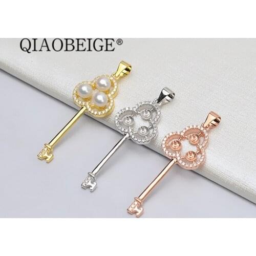 QIAOBEIGE Wholesale Simple Silver flat pearl beads mounting silver accessory freshwater pearl jewellery pendant necklace key