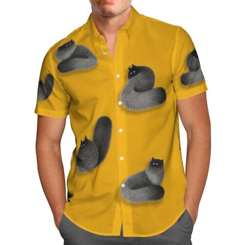 Black Cat Print Short Sleeve Shirts For Men Loose Cardigan Button Shirts Plus Size Hawaiian Style Summer 2021 Ventilated Shirt