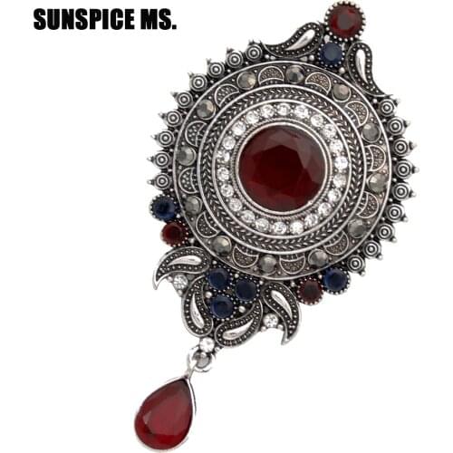 SUNSPICE MS. Vintage Brooch Pins Antique Silver Color Turkish Women Ethnic Bridal Resin Corsage Round Flower Indian Jewelry Gift