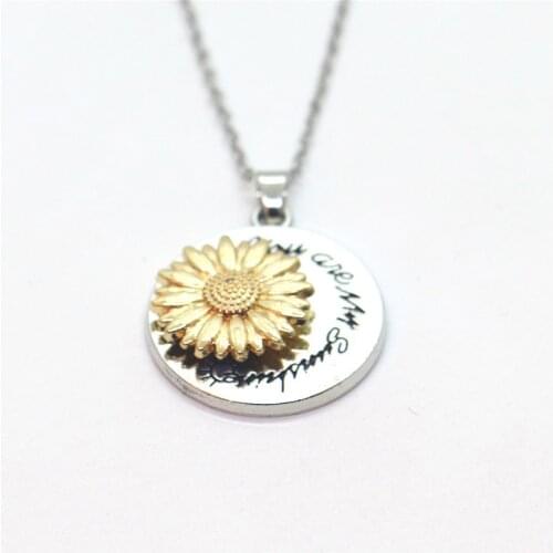 Rotatable You are My Sunshine Engraved Sunflower Necklace For Women Female