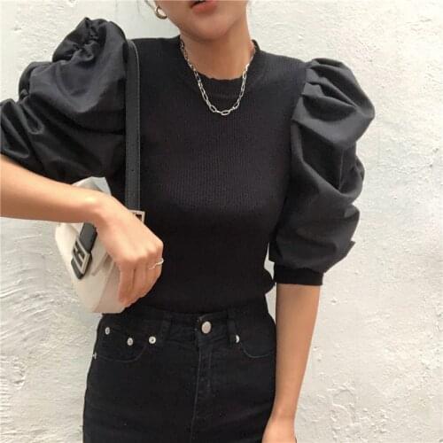 2020 Chic Fashionable Solid Simple Knitted Fitted Puff Sleeves Shirts Hot Summer Blouses for Women Simple Basic Comfort Blouses