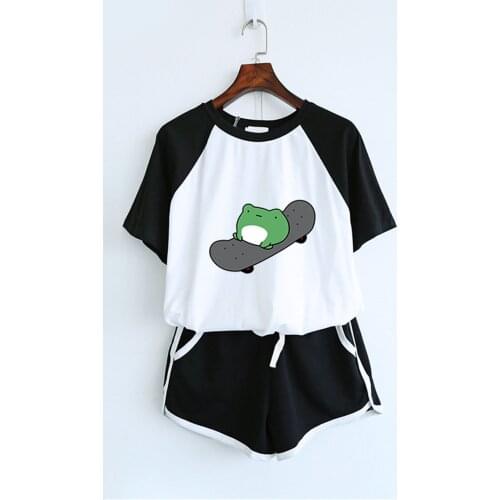 Womens Summer Fashion Animals Print Short Sleeve Pocket Shorts Home Sports Set Cartoon Girl Home Suit 2 Pieces Set Pyjamas