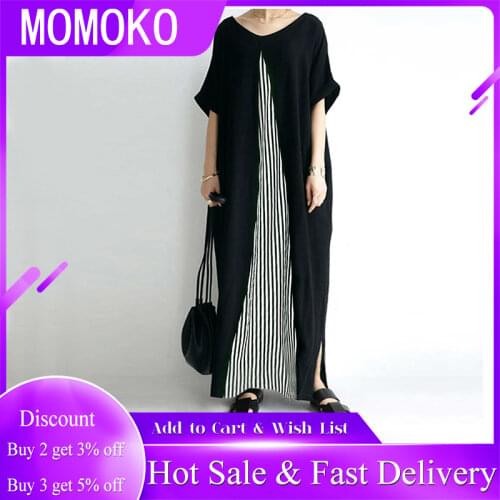Women Dresses Striped Short Sleeve Patchwork Japanese Summer Straight Dress Pullover Ankle-Length Casual Loose Female Dress