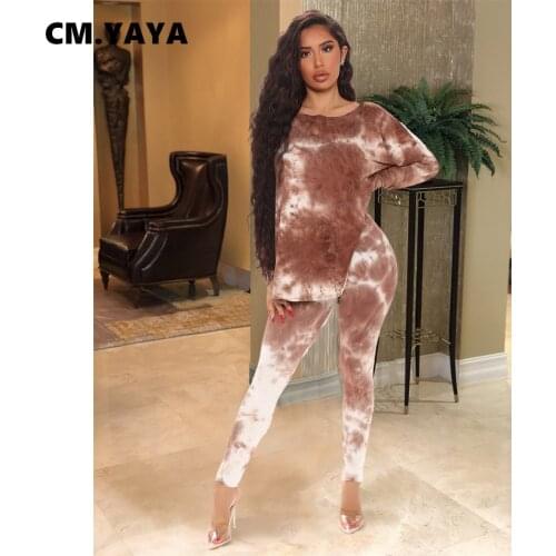 CM.YAYA Women Set Tie Dye Full Sleeve O-neck Loose Tops Stretchy Pencil Pants Two 2 Piece Sets Casual Outfit Tracksuit Autumn